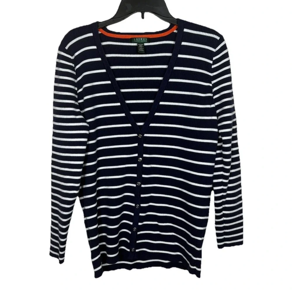 Lauren‎ Ralph Lauren Striped Ribbed Cardigan 2X Stretch Preppy Nautical Buttons